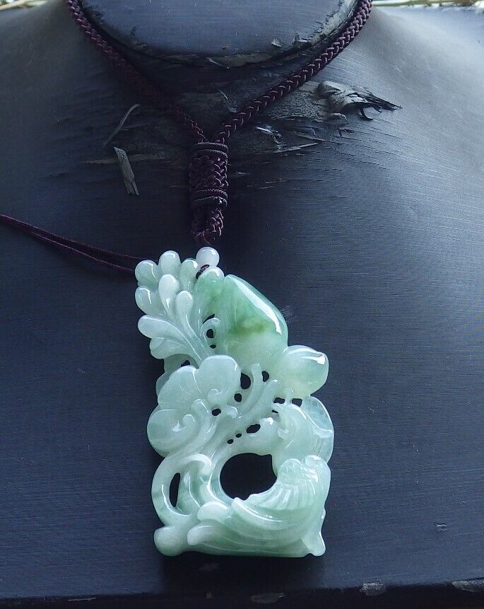 Certified Icy Green Burma 100% Natural A Jade jadeite Pendant Phoenix Peach Lotus Flower Ruyi Necklace 凤凰 574243 TN