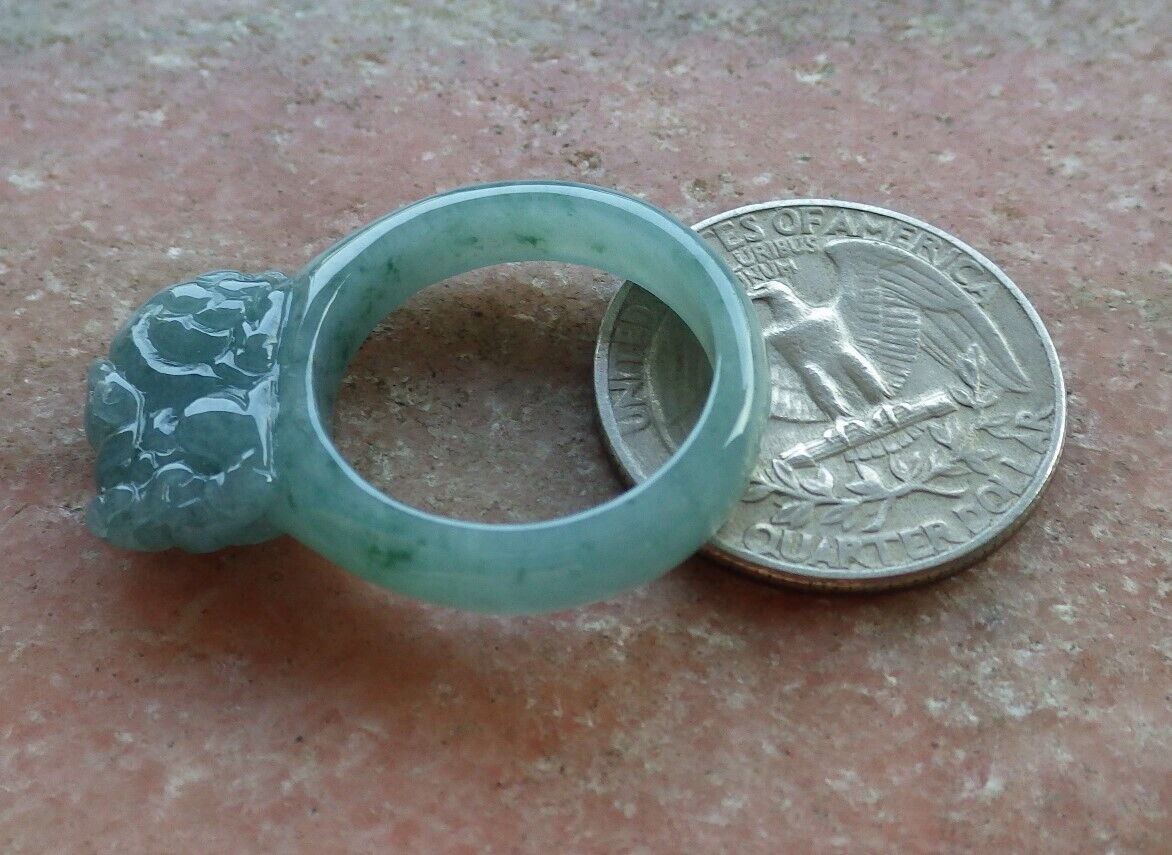 Certified Icy Green 100% Natural A JADE Jadeite Dragon Pi Xiu RING USA. 9 风水貔貅戒指 530081  TN