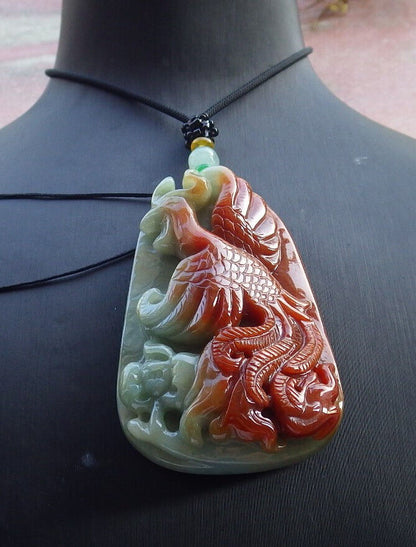 Certified Red Green Burma 100% Natural A Jade jadeite Pendant Phoenix Flower Necklace 凤凰 633050  TN