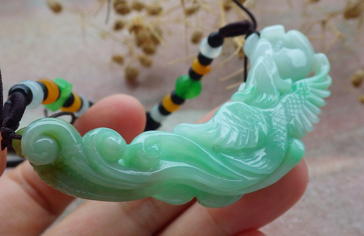 Certified Green Burma 100% Natural A Jade jadeite Pendant Phoenix Flower Ruyi Necklace 凤凰 636603  TN