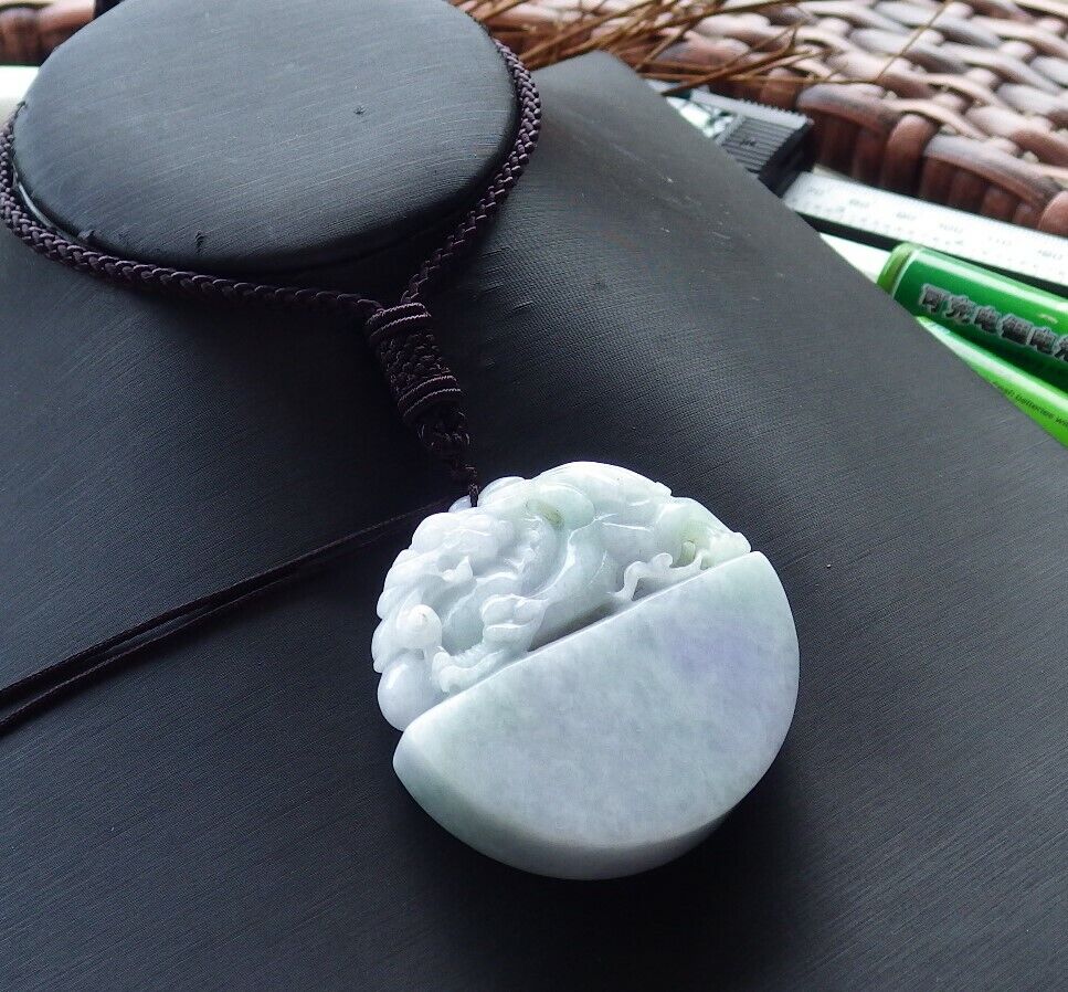 Certified Green Pale Lavender 100% Natural A Jade jadeite Pendant Flying Dragon Ruyi Necklace 生意兴隆 528896  TN