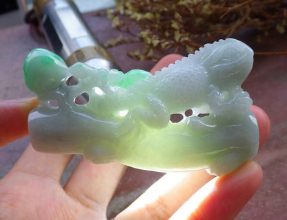 Certified Green 100% Natural A Jade jadeite Display Dragon Lizard Tree Leaf Peach 龙蜥蜴 525198  TN