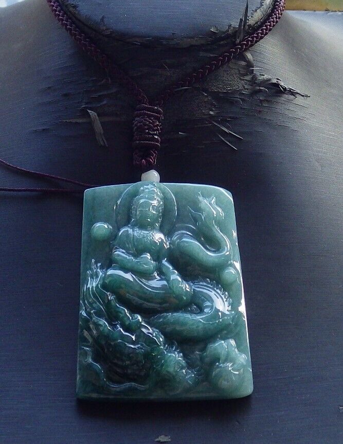Certified Icy Green Burma 100% Natural A Jade jadeite Pendant Guanyin Kwan Yin Dragon Necklace 观音 574877 TN