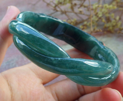Certified Icy Blue Water Green Burma 100% Natural A JADE Jadeite Flower Knotted Bangle Bracelet 56.5 mm 手镯 632789  TN