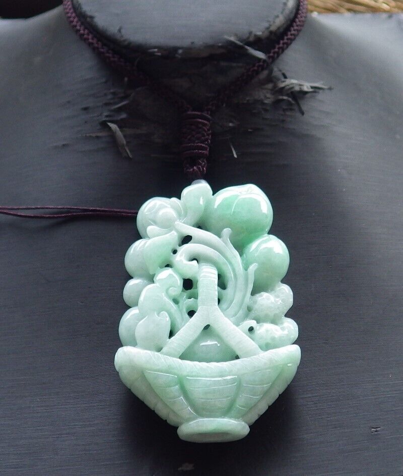 Certified Green Burma 100% Natural A Jade jadeite Pendant Peach Coin Lotus Flower Ruyi Basket Necklace 575156 TN