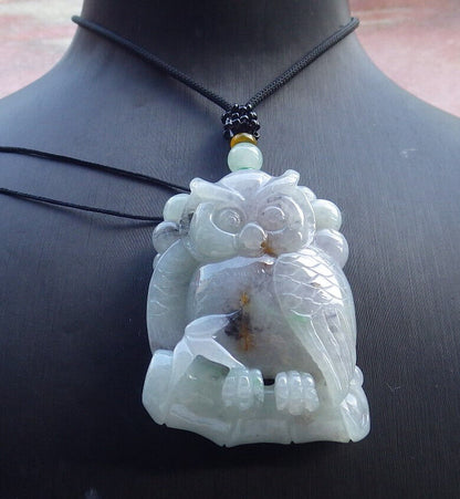 Certified Green Yellow Pale Lavender Burma 100% Natural A Jade jadeite Pendant Owl Coin Bamboo Necklace 猫头鹰 632911  TN