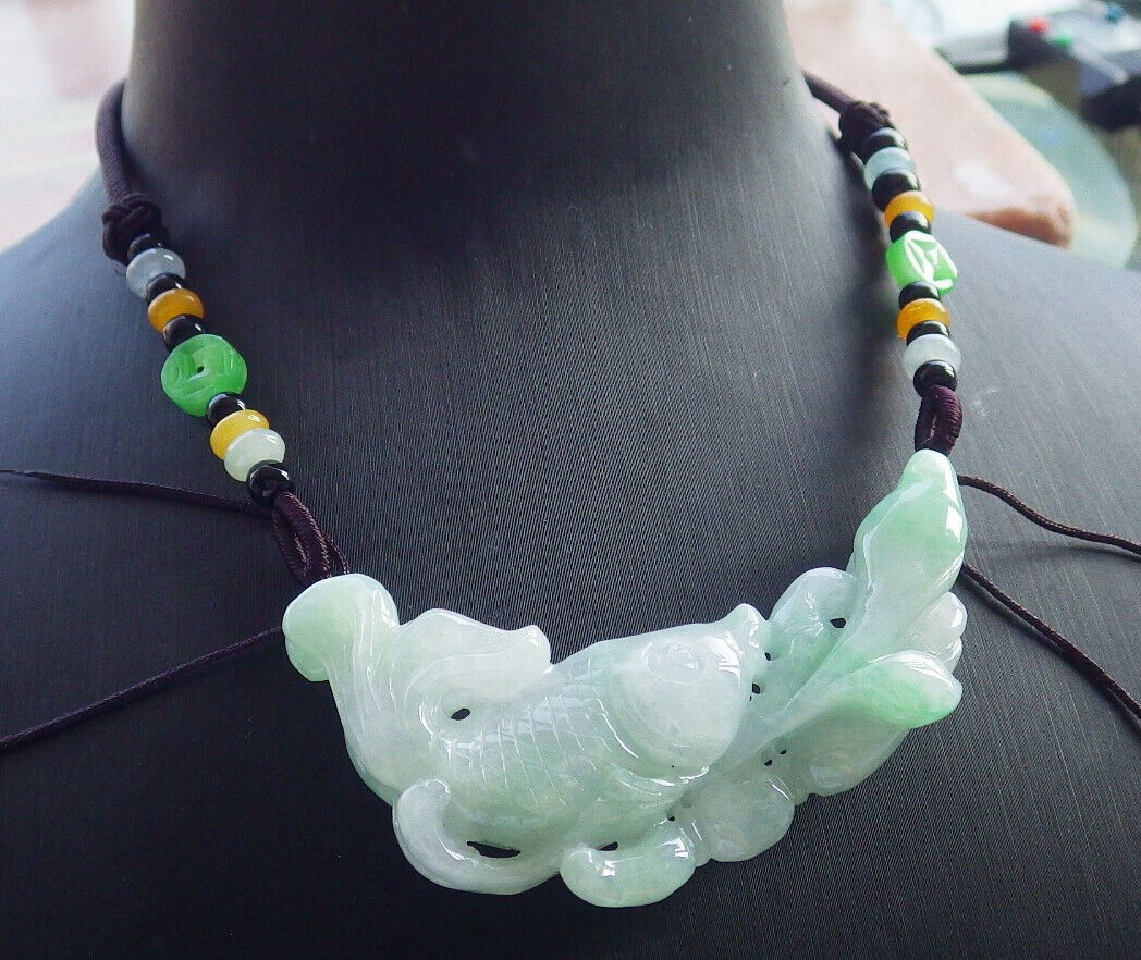 Certified Green Pale Lavender Burma 100% Natural A Jade jadeite Pendant Fish Lotus Necklace 年年有余 633059  TN