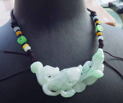 Certified Green Pale Lavender Burma 100% Natural A Jade jadeite Pendant Fish Lotus Necklace 年年有余 633059  TN