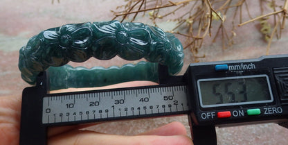 Certified Icy Blue Water Green Burma 100% Natural A JADE Jadeite Flower Bangle Bracelet 55 mm 635396  AS