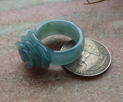 Certified Icy Green Burma 100% Natural A JADE Jadeite Rose Flower RING USA. 8.5 花戒指 634025  TN
