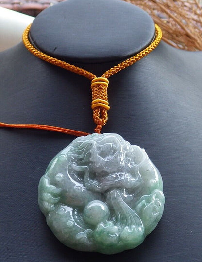 Certified Green Pale Lavender 100% Natural A Jade jadeite Pendant Dragon Bead Lotus Flower Ruyi Necklace 生意兴隆 520159  TN