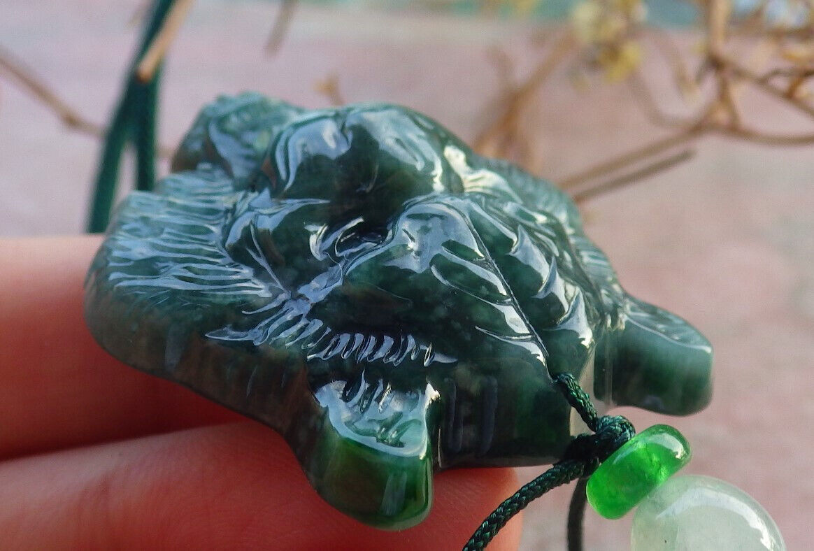 Certified Icy Green Burma 100% Natural A Jade jadeite Pendant Tiger Head Necklace 虎虎生威 634320  TN