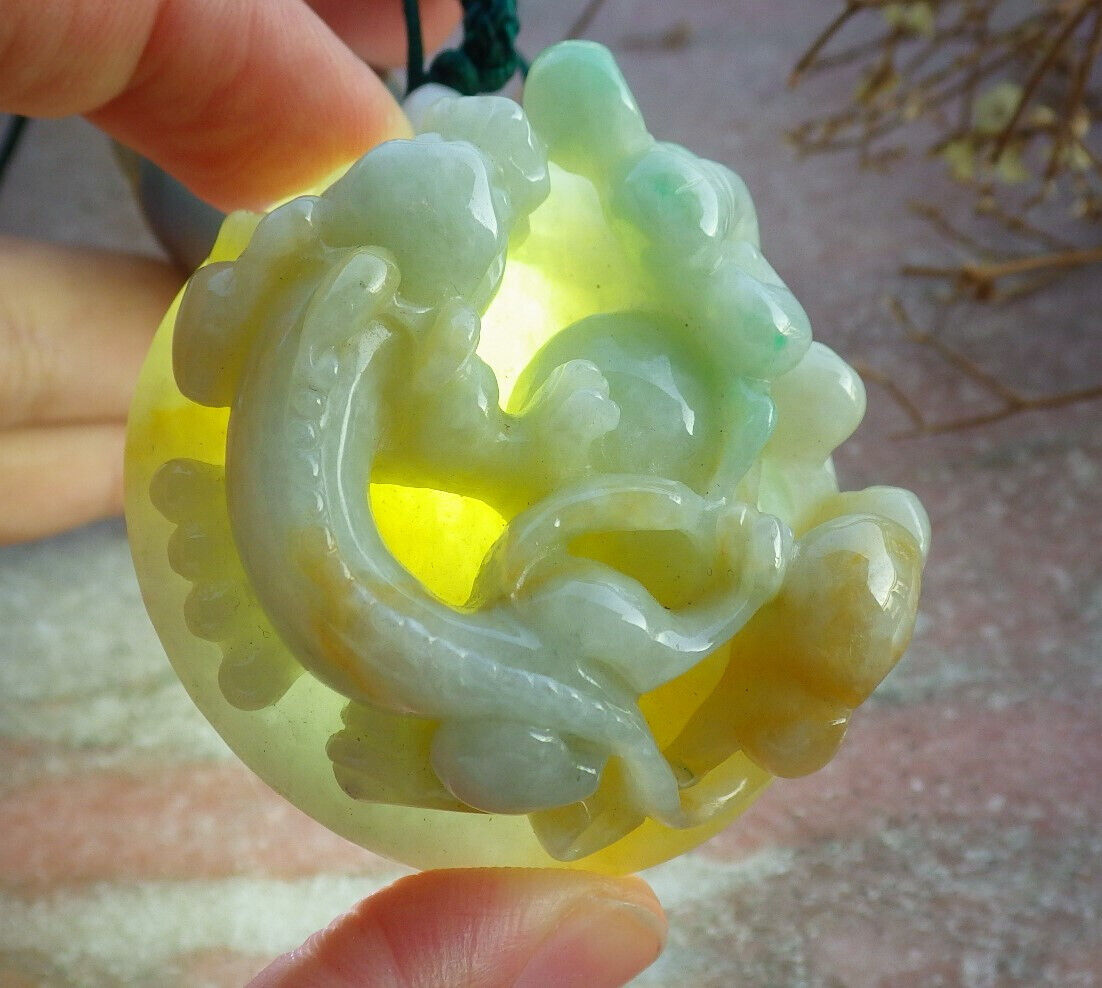Certified Yellow Green Burma 100% Natural A Jade jadeite Pendant Dragon Pi Xiu Money Coin Ruyi Necklace 风水貔貅 634127  TN