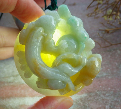 Certified Yellow Green Burma 100% Natural A Jade jadeite Pendant Dragon Pi Xiu Money Coin Ruyi Necklace 风水貔貅 634127  TN
