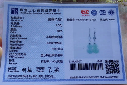 Certified Icy Green Sterling Silver 0.925 Natural A Jade jadeite Gourd Earrings Earring Dangle 耳环 524289  TN