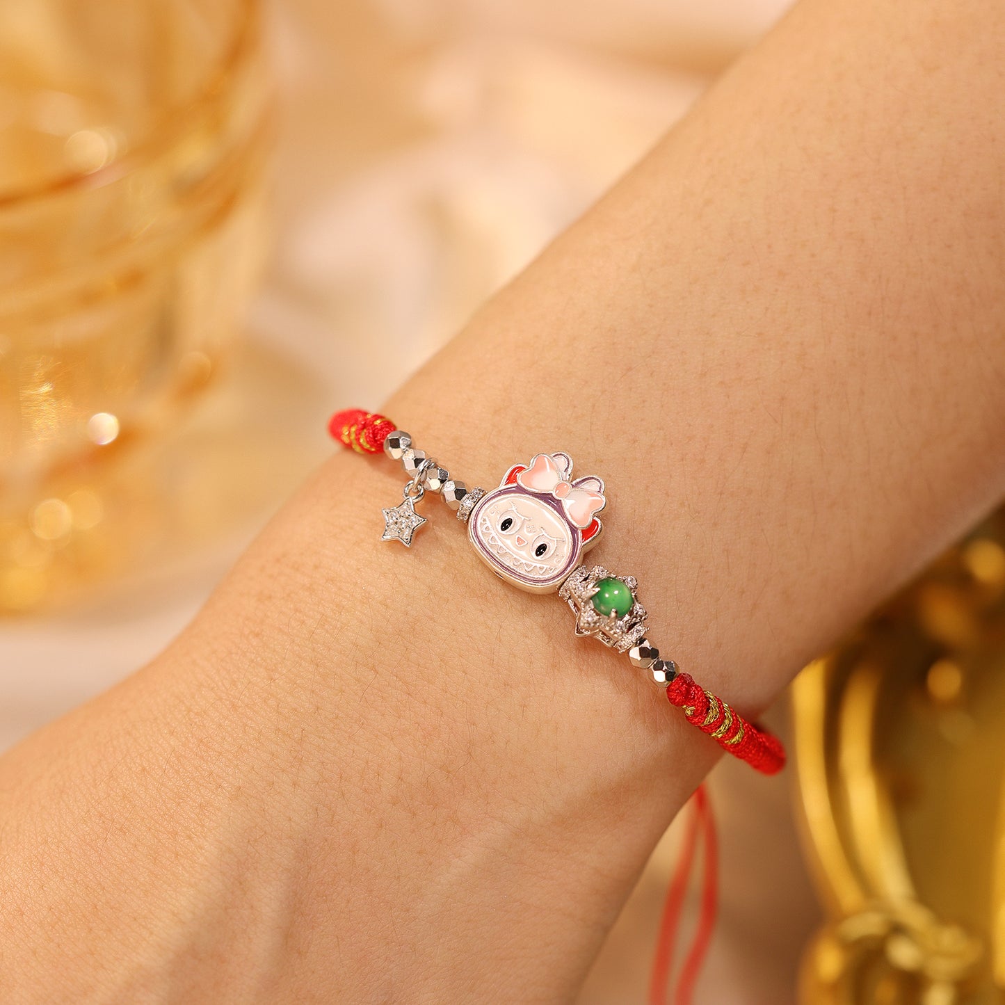 S925 Silver labubu with Natural jade hand woven rope（Adjustable length）