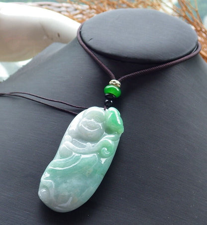 Certified Green 100% Natural A Jade jadeite pendant Happy Buddha God Necklace 开心佛 521299  TN