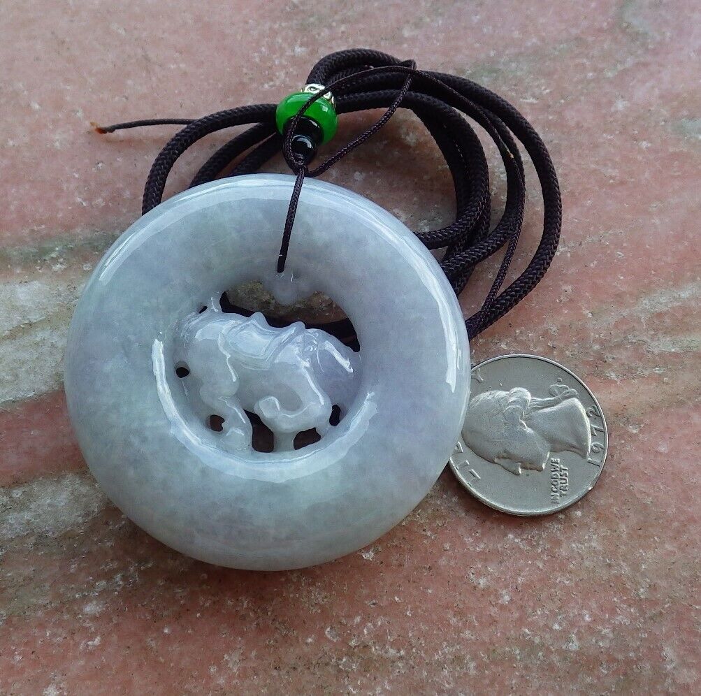 Certified Lavender Green 100% Natural A Jade jadeite pendant Cow Ox Circle Necklace 风水牛 523734 TN