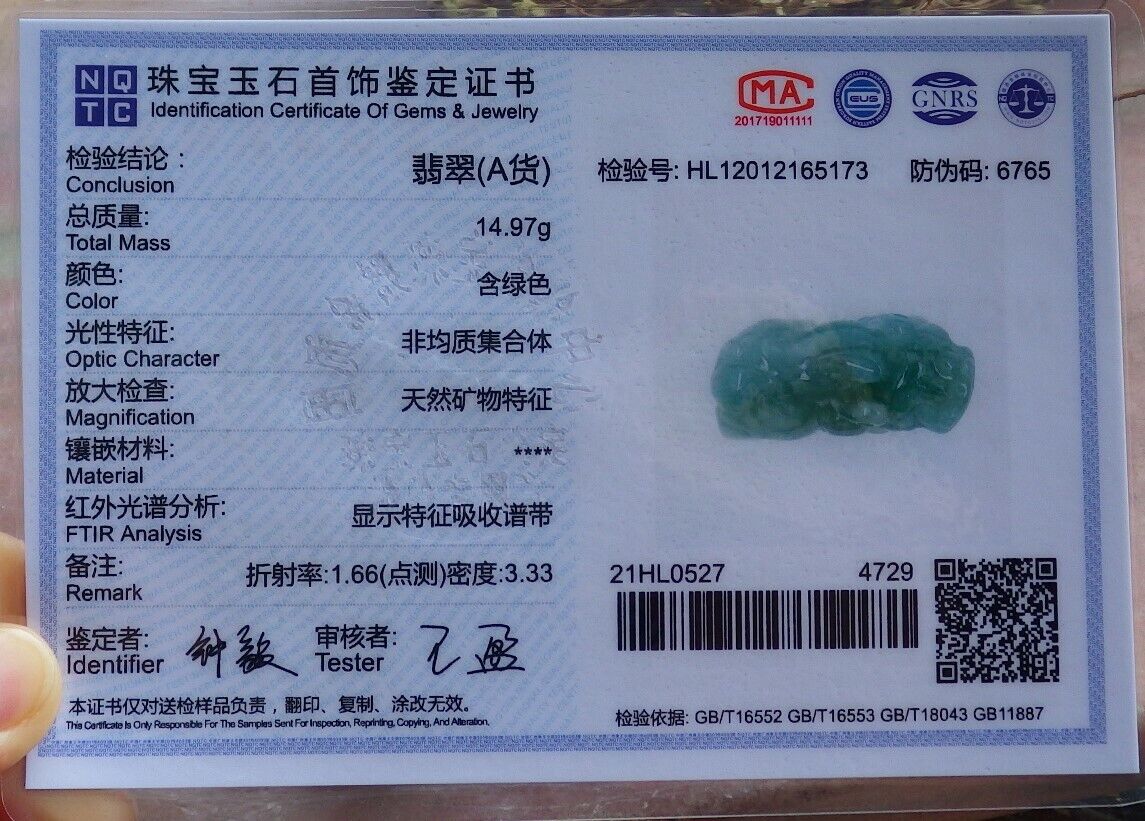 Certified Icy Green 100% Natural A Jade jadeite Pendant Dragon Pi Xiu Money Coin Necklace 风水貔貅 525166  TN