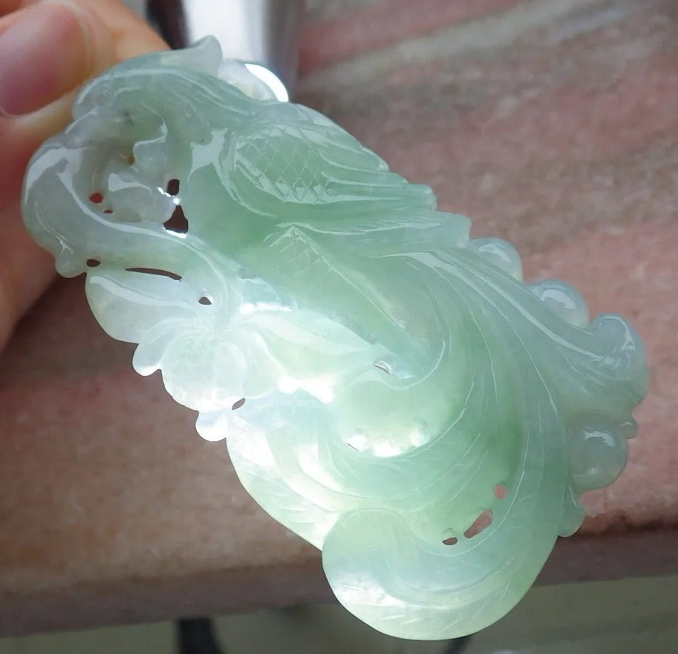 Certified Green Burma 100% Natural A Jade jadeite Pendant Phoenix Lotus Flower Necklace 凤凰 636743  TN