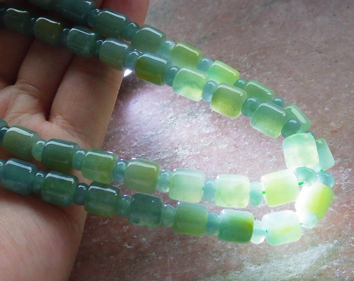 Certified Icy Yellow Green Burma 100% Natural A JADE Jadeite Bead Beads Circle Necklace 25 inches 项链 617389  TN