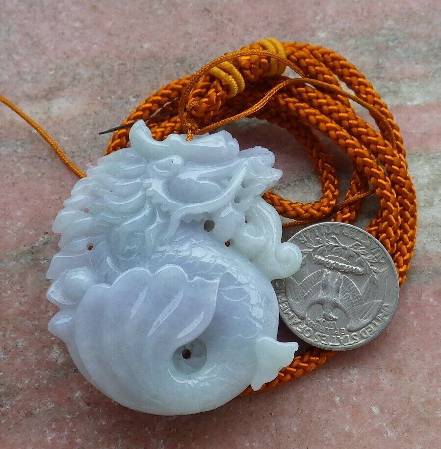 Certified Green Pale Lavender 100% Natural A Jade jadeite Pendant Dragon Fish Bead Money Coin Necklace 龙鱼 520364  TN
