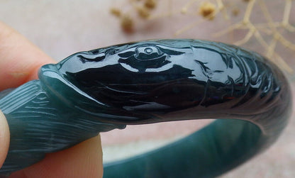 Certified Icy Green Burma 100% Natural A JADE Jadeite Fish Bangle Bracelet 60 mm 手镯 636582  TN