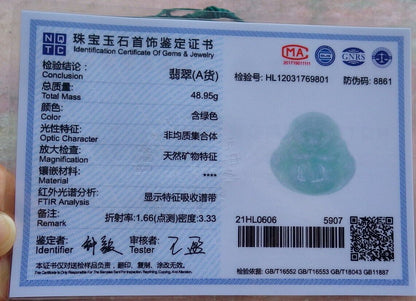 Certified Green Burma 100% Natural A Jade jadeite pendant Happy Buddha God Necklace 开心佛 525627  TN