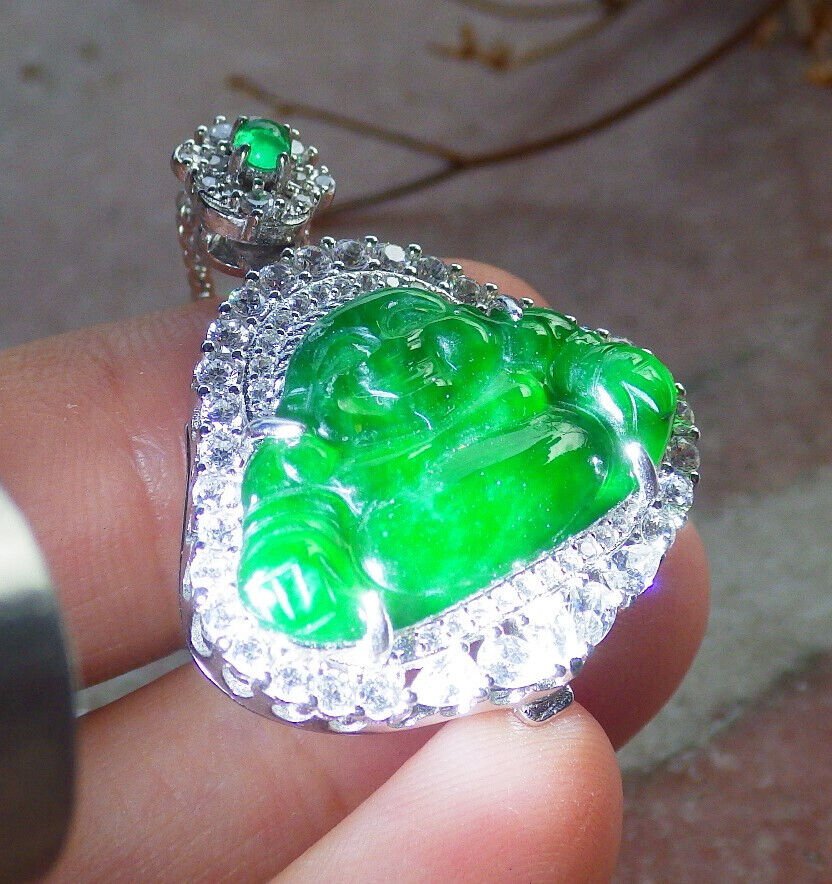 Icy Green Silver 925 Certified Burma 100% Natural A JADE Jadeite pendant Happy Buddha God Necklace 佛公 635173  TN