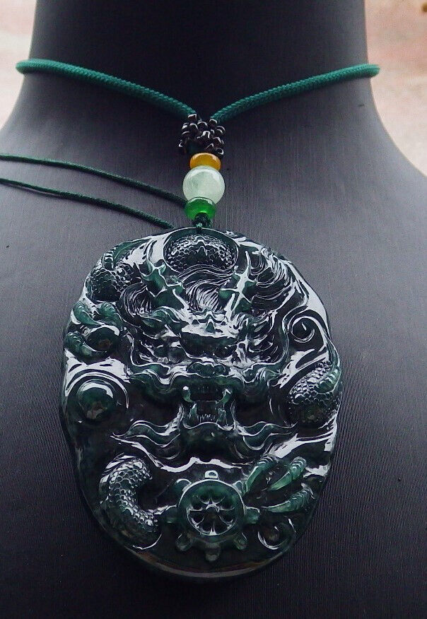 Certified Icy Blue Water Green Burma 100% Natural A Jade jadeite Pendant Dragon Bead Necklace 生意兴隆 636318  TN