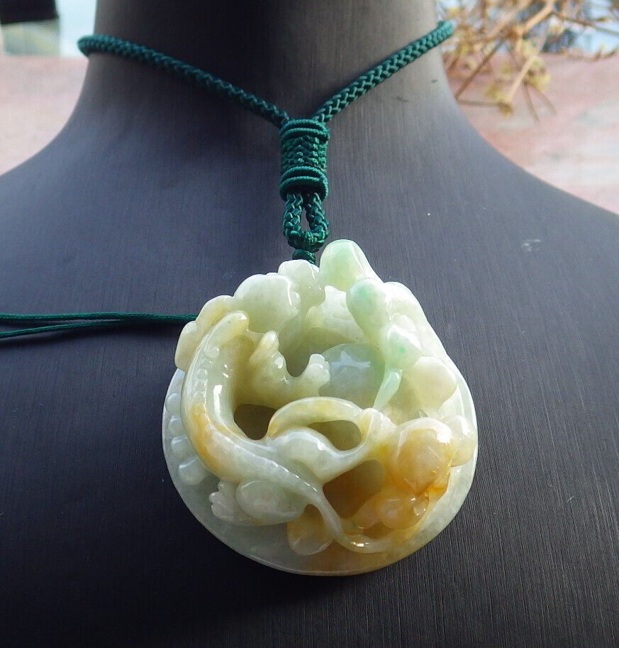 Certified Yellow Green Burma 100% Natural A Jade jadeite Pendant Dragon Pi Xiu Money Coin Ruyi Necklace 风水貔貅 634127  TN