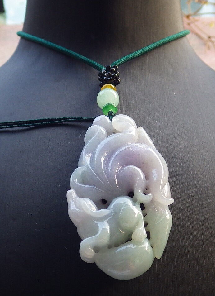 Certified Lavender Green Burma 100% Natural A Jade jadeite Pendant Fox Lotus Necklace 狐狸 634293  TN