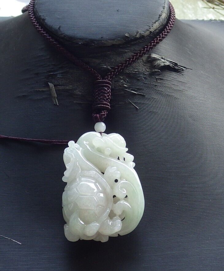 Certified Icy Green Pale Lavender Burma 100% Natural A Jade jadeite Pendant Dragon Turtle Ruyi Coin Necklace 龙龟 574488 TN