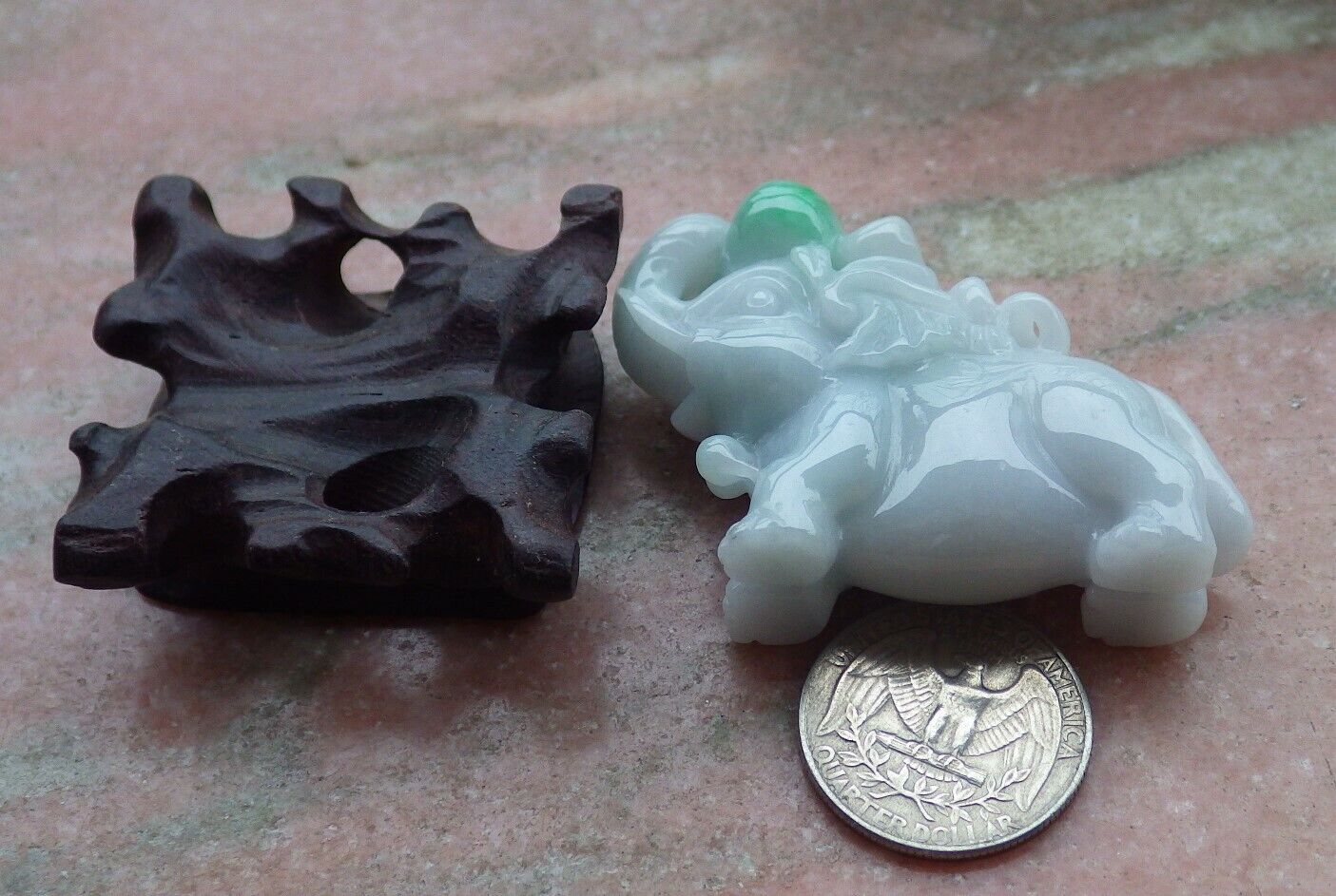 Certified Green 100% Natural A Jade jadeite Display Elephant Monkey Peach 封侯拜相 519574  TN ** Include woodstand **