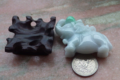Certified Green 100% Natural A Jade jadeite Display Elephant Monkey Peach 封侯拜相 519574  TN ** Include woodstand **