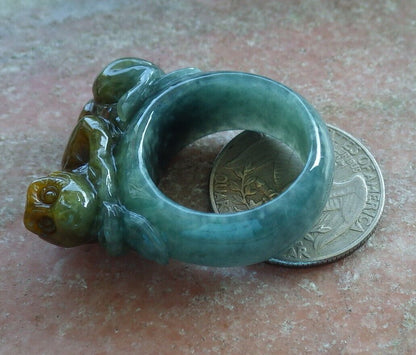 Certified Yellow Icy Green Burma 100% Natural A JADE Jadeite Monkey Coin RING USA. 10 戒指 574078 TN