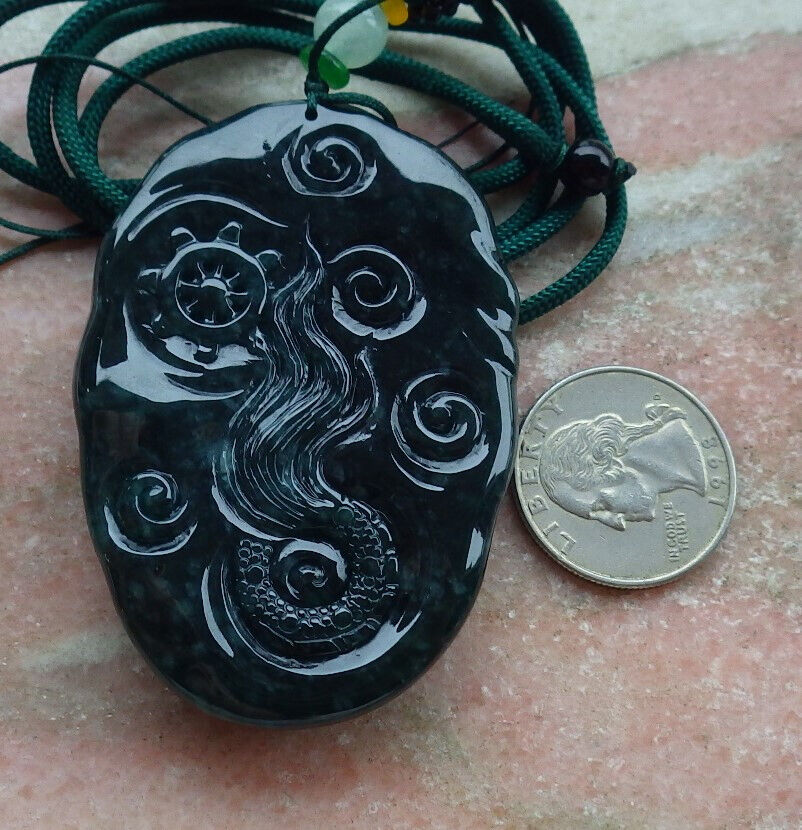 Certified Icy Blue Water Green Burma 100% Natural A Jade jadeite Pendant Dragon Bead Necklace 生意兴隆 636309  TN