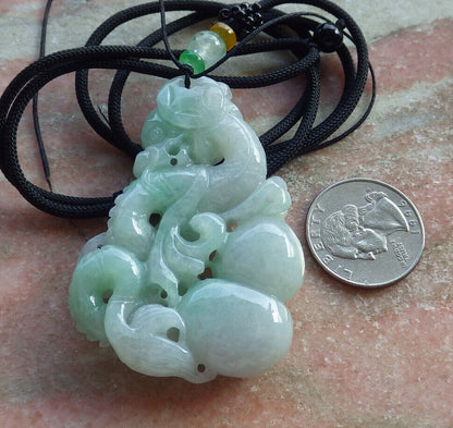 Certified Green Burma 100% Natural A Jade jadeite Pendant Dragon Gourd Coin Necklace 生意兴隆 635154  TN