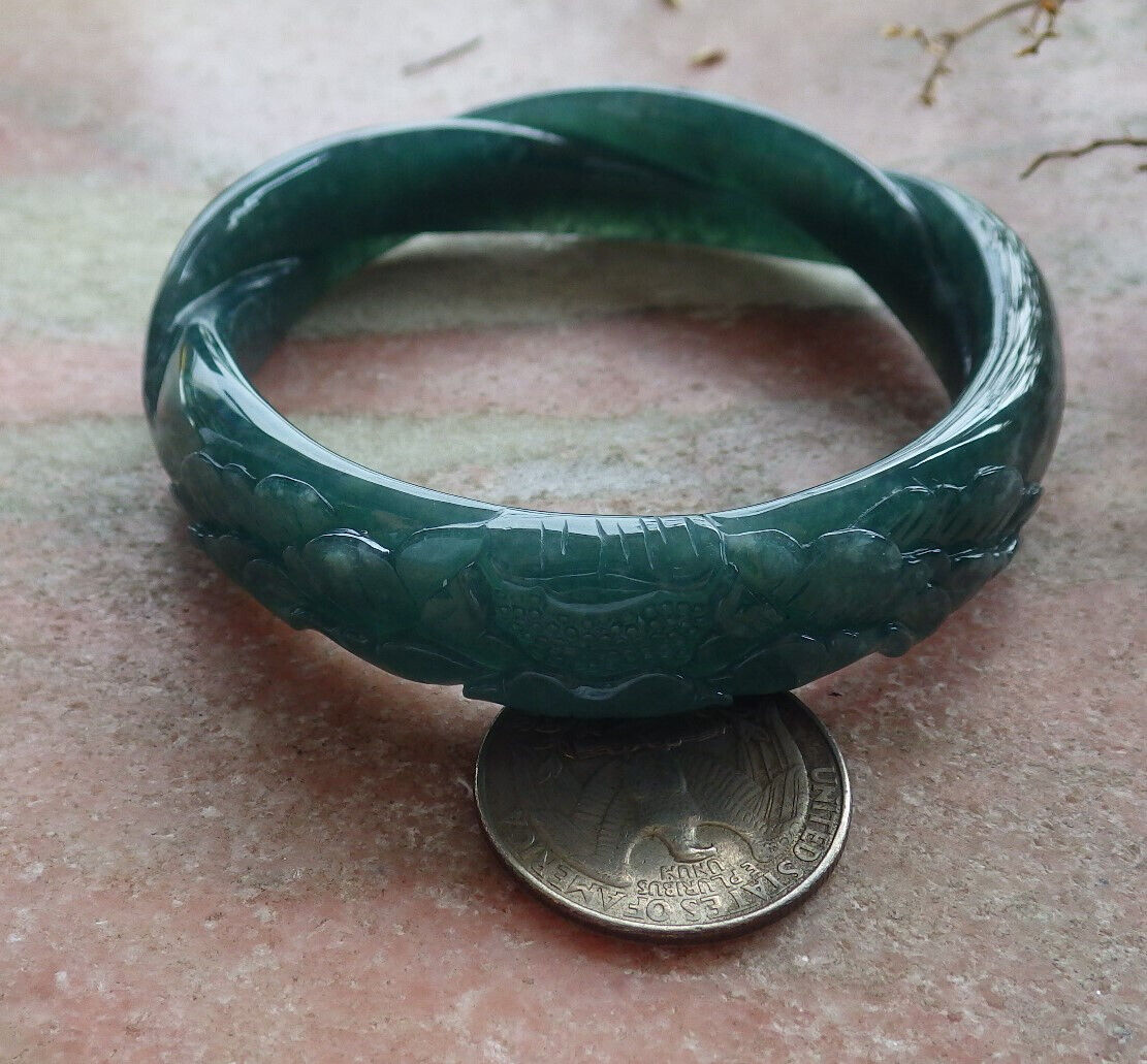 Certified Icy Blue Water Green Burma 100% Natural A JADE Jadeite Flower Knotted Bangle Bracelet 55 mm 手镯 633454  TN