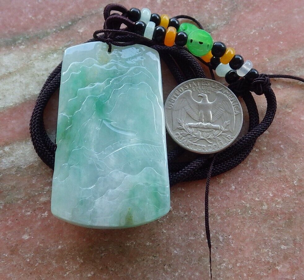 Certified Icy Green Burma 100% Natural A Jade jadeite Landscape painting Tree Necklace 山水画 525860  TN