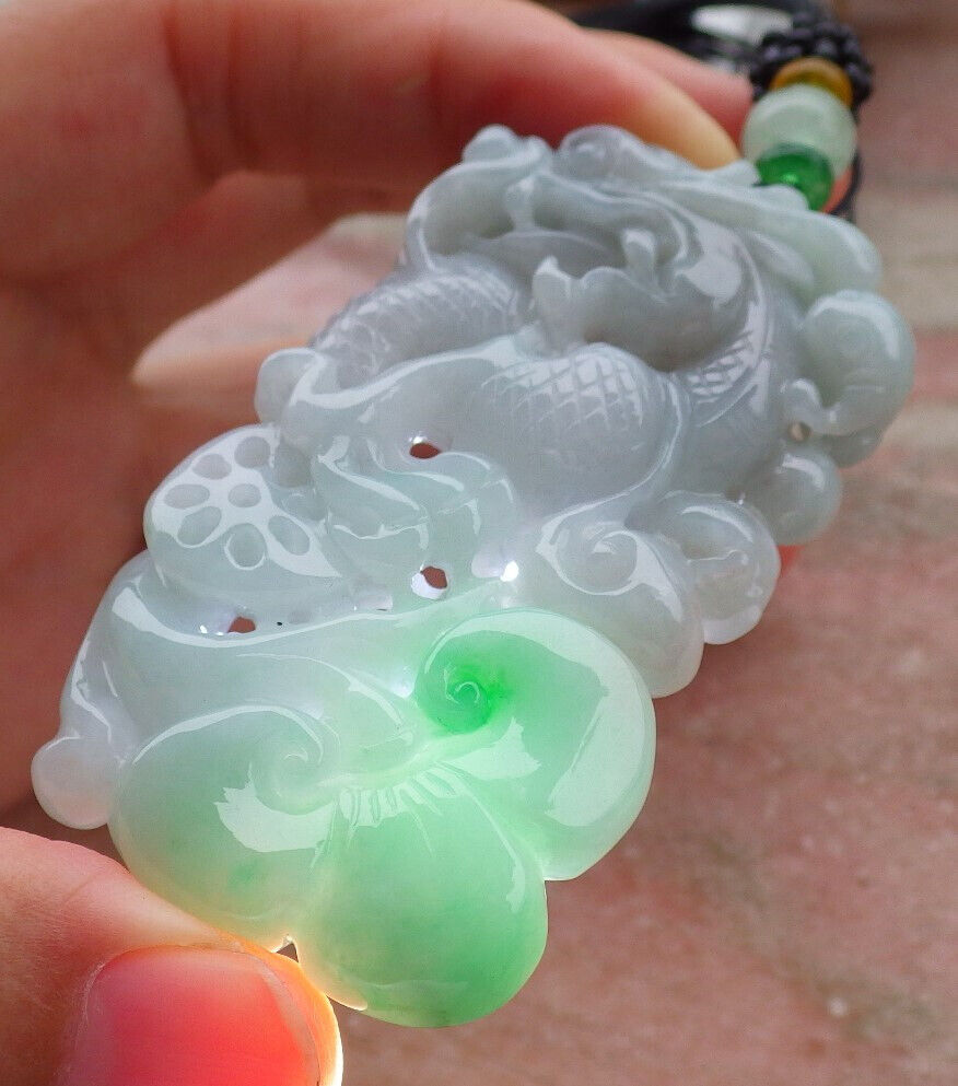 Certified Green Burma 100% Natural A Jade jadeite Pendant Dragon Ruyi Necklace 生意兴隆 636707  TN