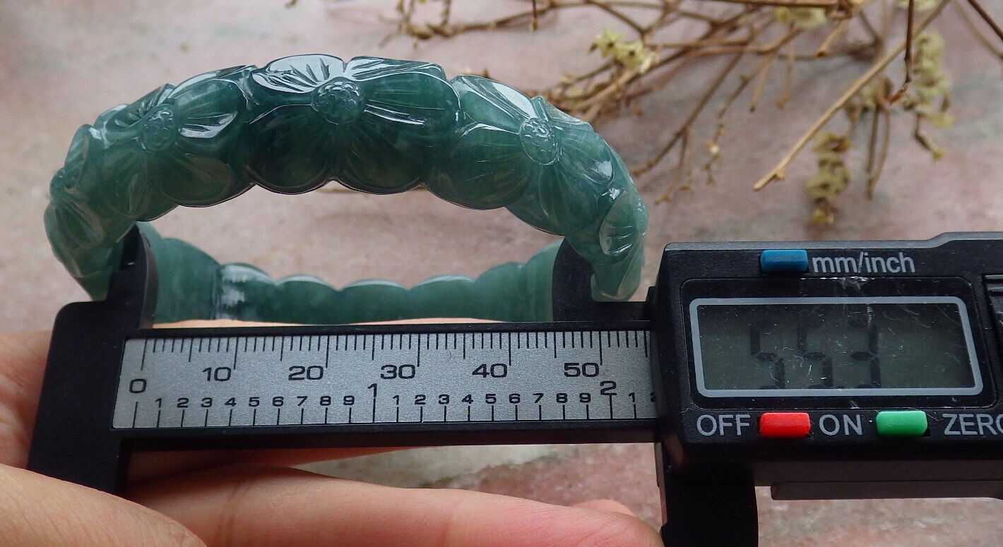 Certified Icy Green Burma 100% Natural A JADE Jadeite Flower Bangle Bracelet 55 mm 635451  AS