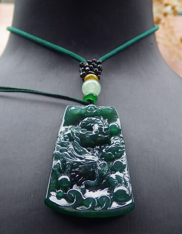 Certified Icy Green Burma 100% Natural A Jade jadeite Pendant Dragon Bead Necklace 生意兴隆 636507  TN