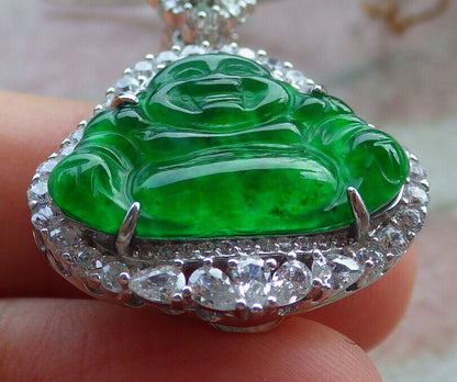 Icy Green Silver 925 Certified Burma 100% Natural A JADE Jadeite pendant Happy Buddha God Necklace 佛公 635238  TN