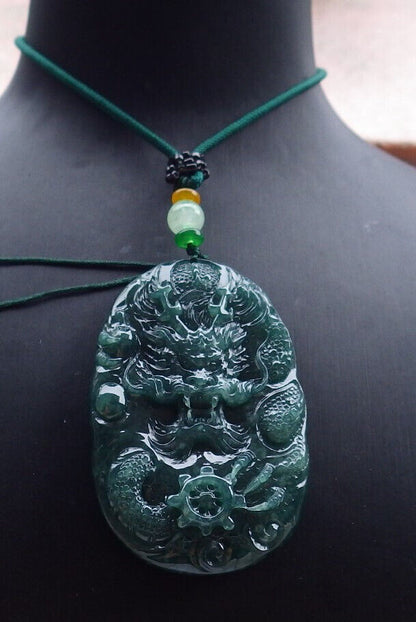 Certified Icy Green Burma 100% Natural A Jade jadeite Pendant Dragon Bead Necklace 生意兴隆 636299  TN