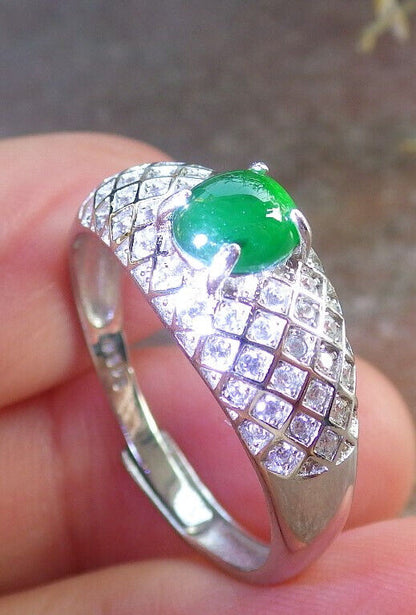 Certified Icy Green silver 0.925 Burma 100% Natural A JADE Jadeite Cabochon RING USA 10.75 戒指 645789 TN