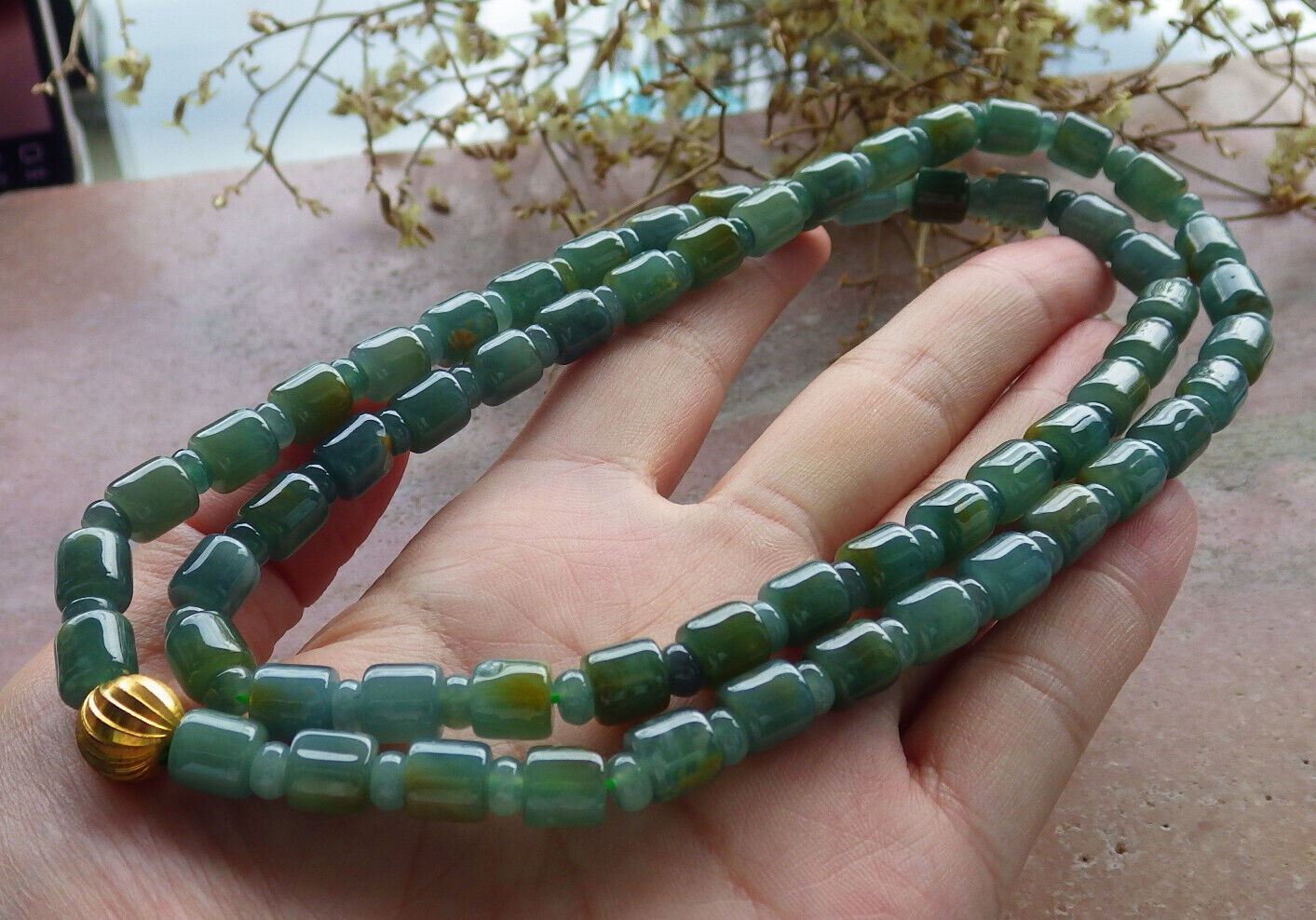 Certified Icy Yellow 100% A JADE Jadeite Beads Circle Necklace 25 inches 617558 TN