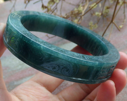 Certified Icy Green Burma 100% Natural A JADE Jadeite Dragon Phoenix Bangle Bracelet 64 mm 手镯 633660  TN