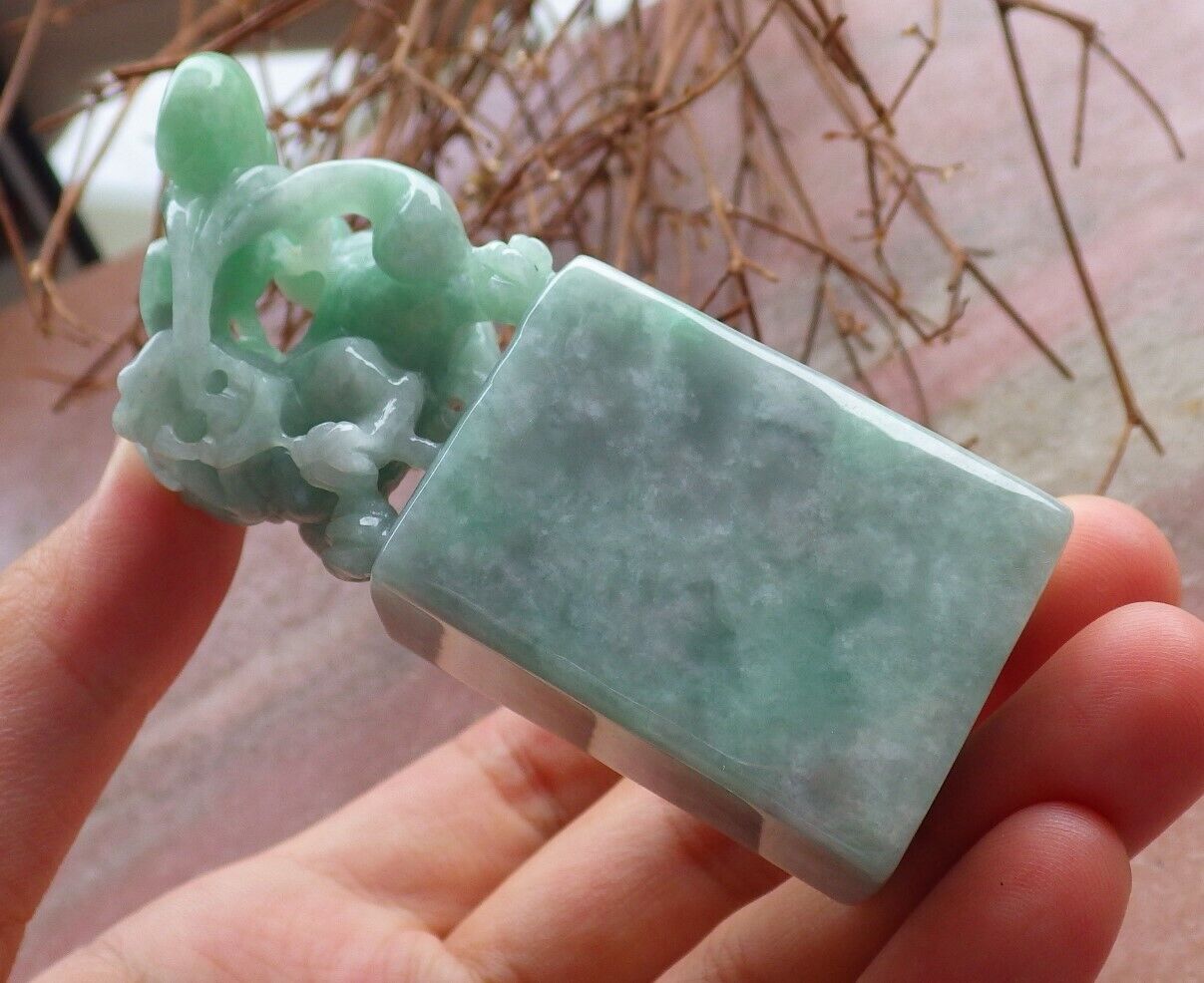 Certified Green 100% Natural A Jade jadeite Display Dragon Pi Xiu Lotus Flower Ruyi Chop Seal 印章 528326  TN
