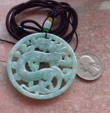 Certified Green Burma 100% Natural A Jade jadeite Pendant  Dragon Circle Necklace 生意兴隆 646443 TN